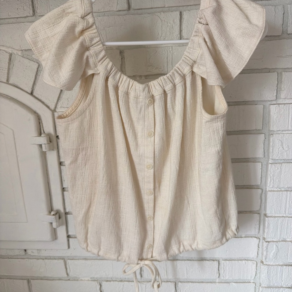 Madewell Cream Ruffled Off-Shoulder Button Front Top
